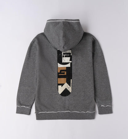 Felpa da ragazzo con cappuccio Sarabanda in grigio con design grafico sul retro