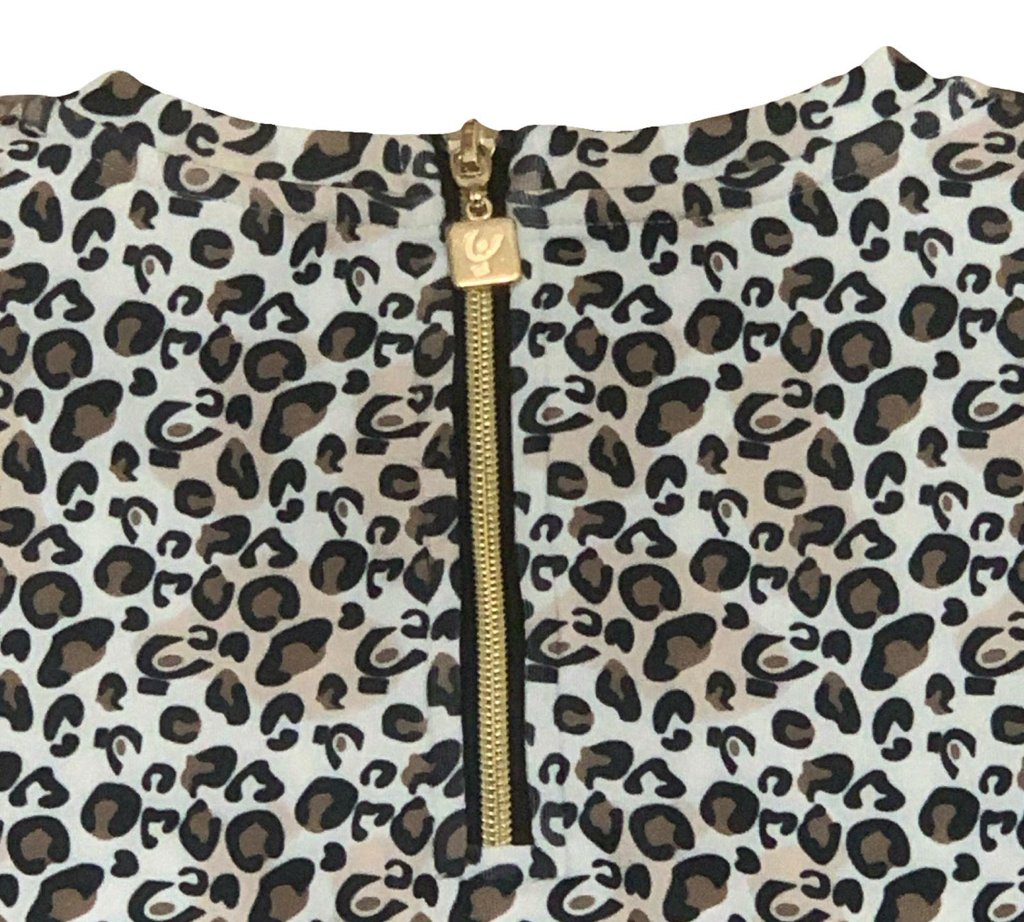 Felpa Girocollo Maculata con Logo Nero e Zip Oro, dettagli sulla zip dorata e il design leopardato