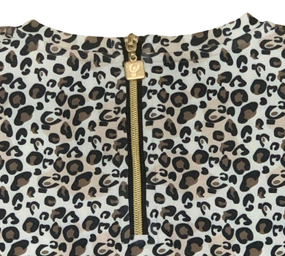 Felpa Girocollo Maculata con Logo Nero e Zip Oro, dettagli sulla zip dorata e il design leopardato