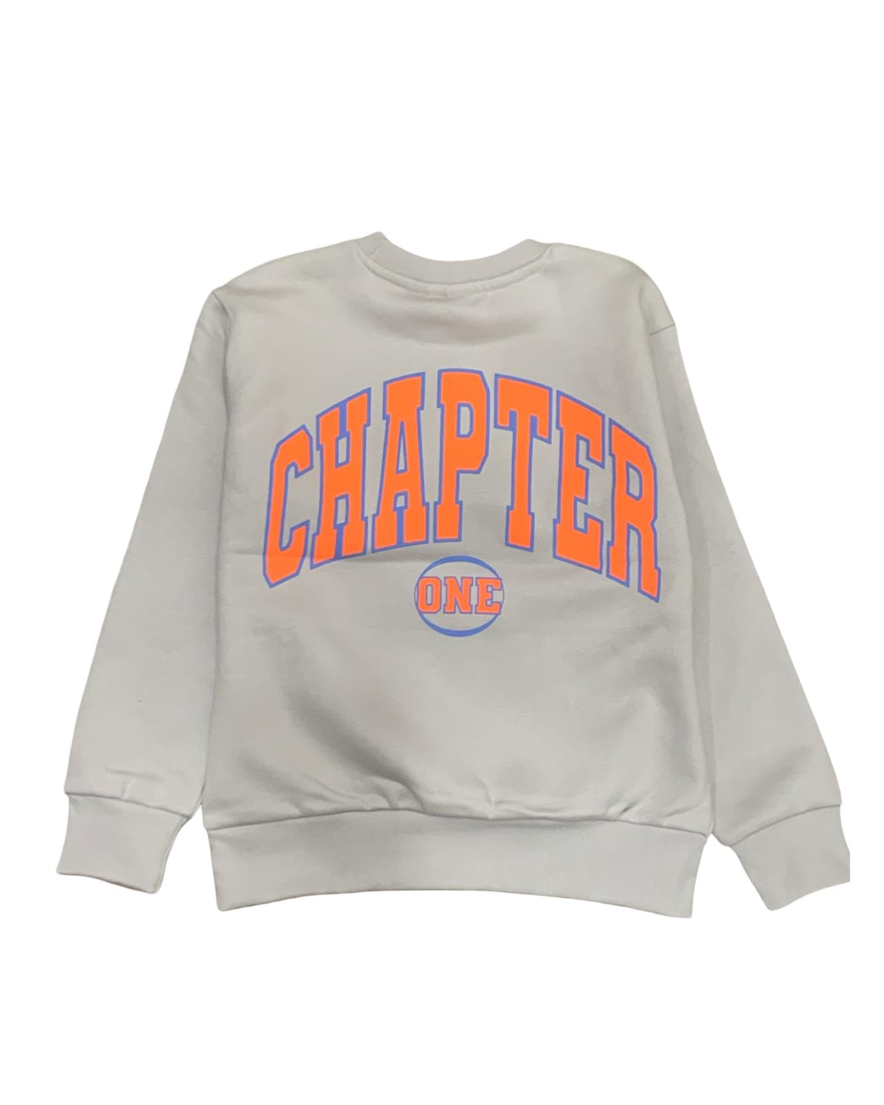 Felpa girocollo ragazzo 16 anni in grigio con scritta arancione 'CHAPTER ONE'