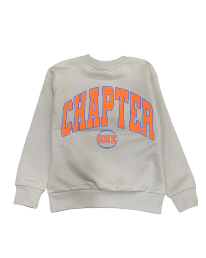 Felpa girocollo ragazzo 16 anni in grigio con scritta arancione 'CHAPTER ONE'