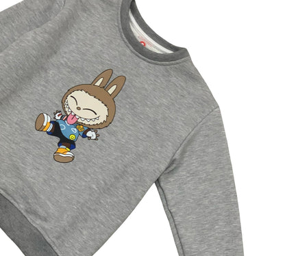 Felpa grigia bambino con stampa coniglio divertente e colorata per look casual
