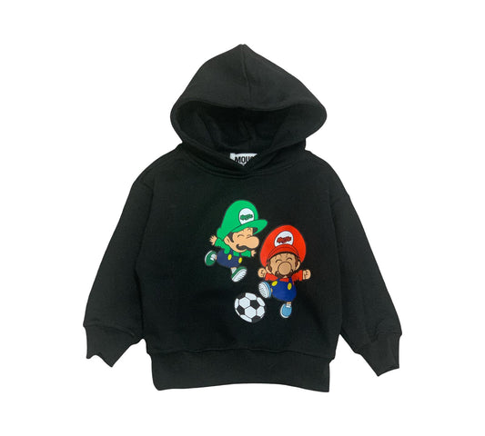 Felpa Nera Bambino con Cappuccio e Stampa Mario con personaggi giocando a calcio