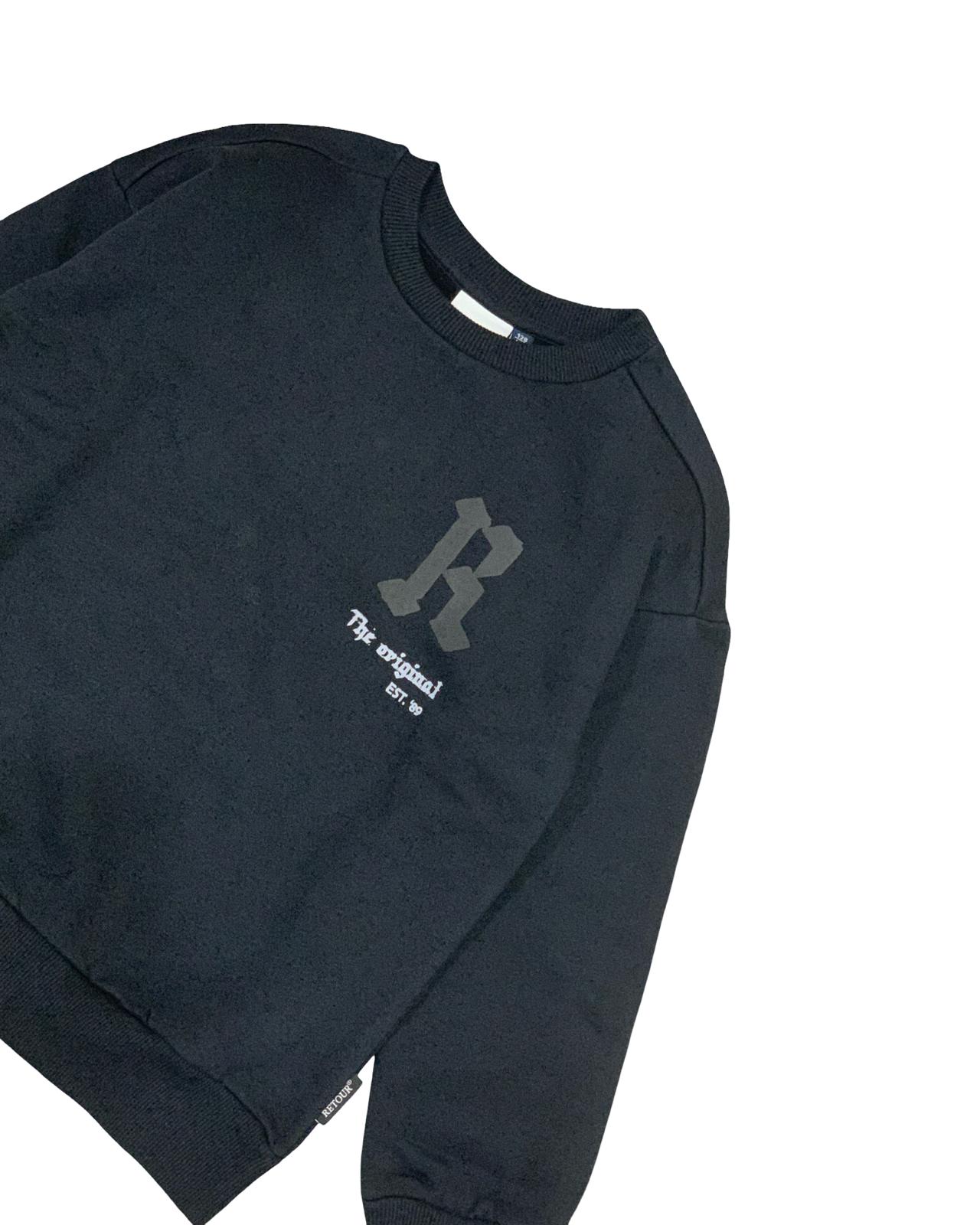 Felpa nera bambino trendy di Retour con logo R e scritta originale sul petto