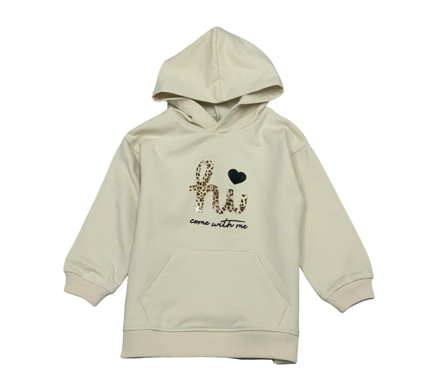 Felpa oversize bambina con cappuccio in beige con scritta leopardata e tasca frontale