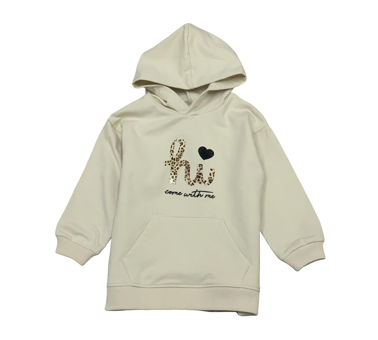 Felpa oversize bambina con cappuccio in beige con scritta leopardata e tasca frontale
