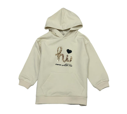 Felpa oversize bambina con cappuccio in beige con scritta leopardata e tasca frontale