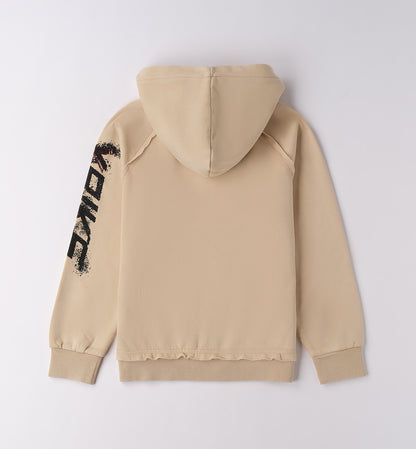 Felpa ragazzo con cappuccio Sarabanda in beige con logo esteso sulla manica