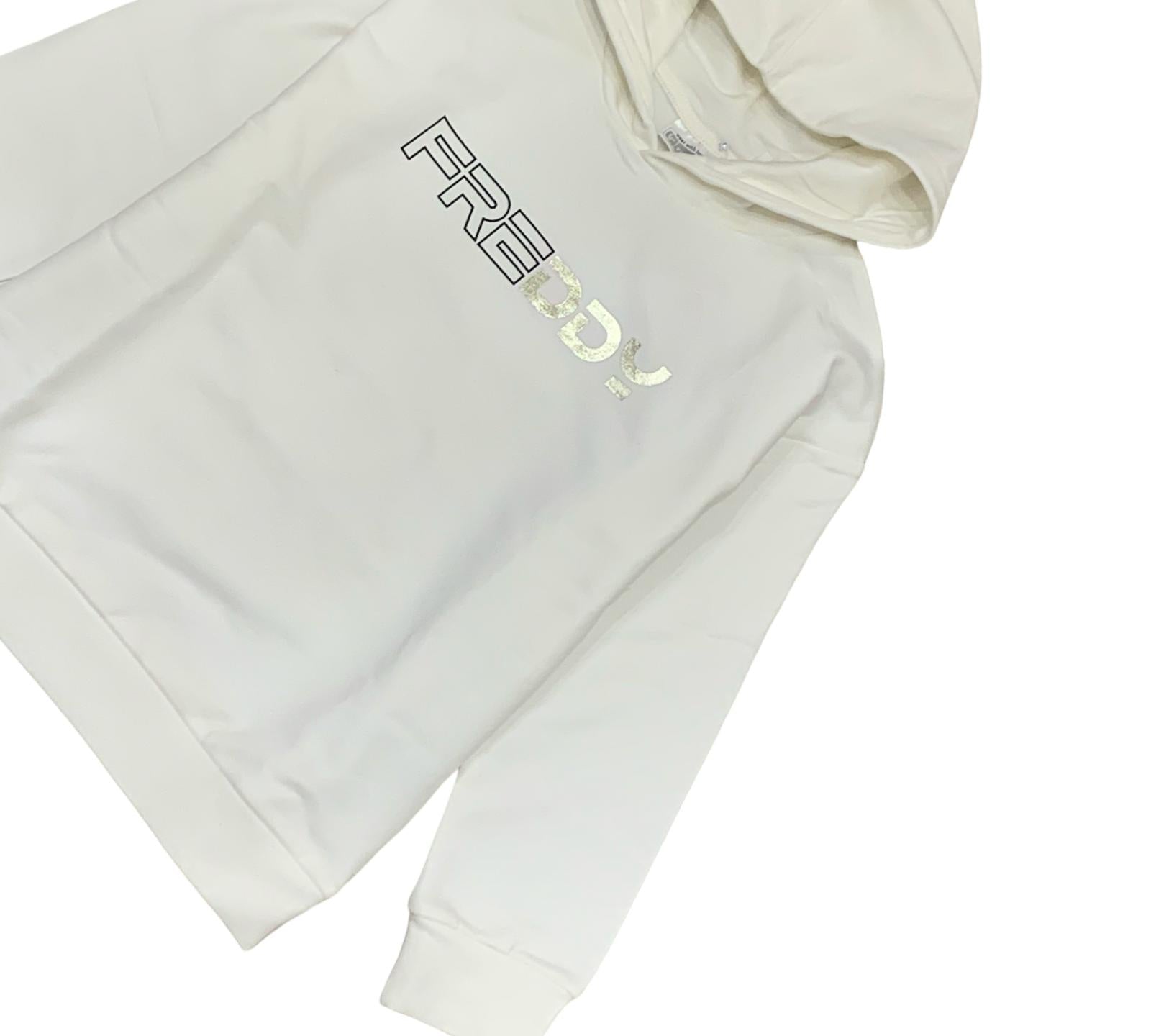 Felpa con cappuccio ragazza moda Freddy in bianco con logo stampato scintillante