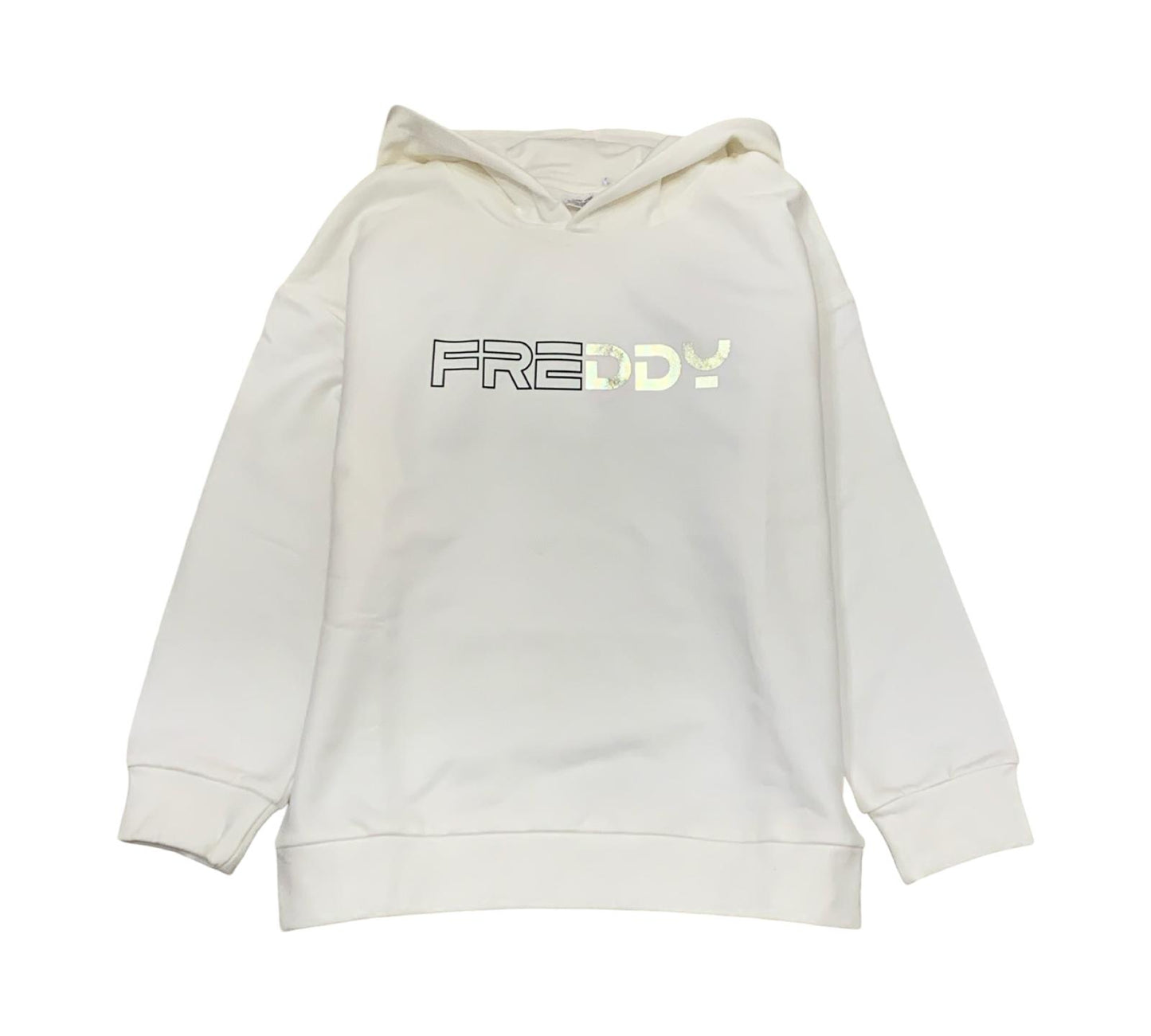 Felpa con cappuccio ragazza moda Freddy in bianco con logo riflettente sul davanti