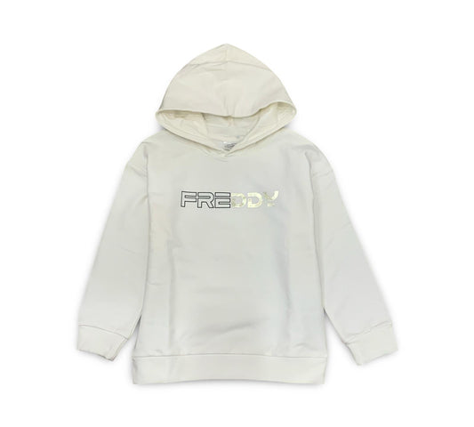 Felpa con cappuccio ragazza moda Freddy in bianco con logo riflettente sul petto