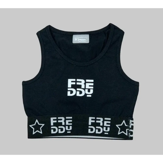 Top corto sportivo bambina Freddy nero con logo bianco e fascia elastica con stelle