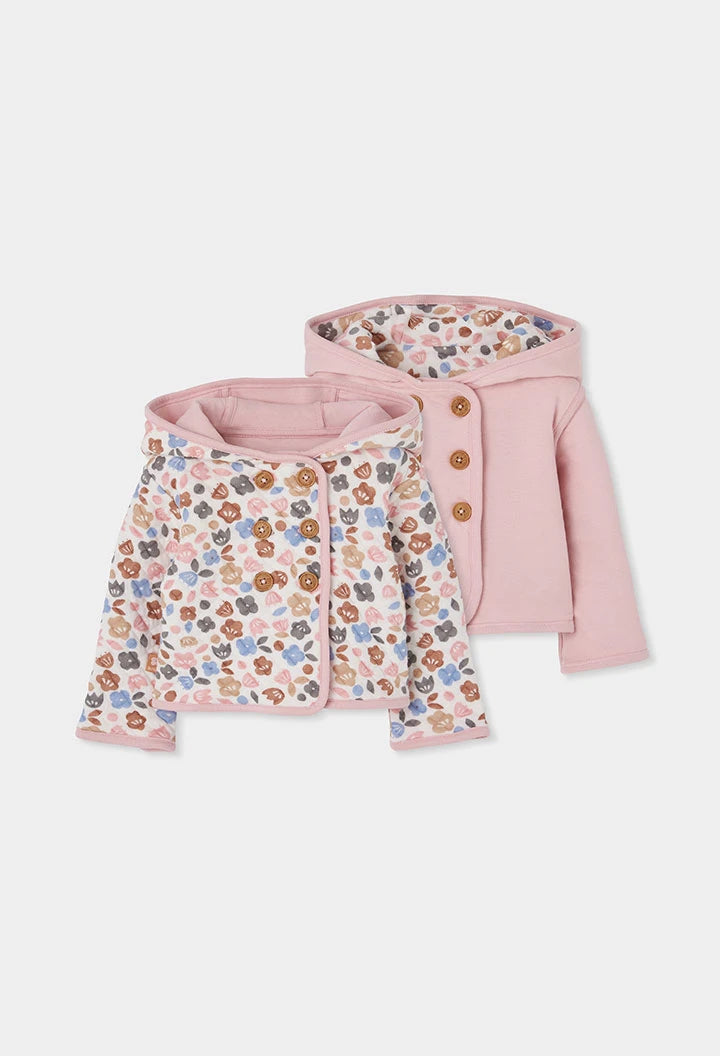 Giacca in Maglia Reversibile Neonato Rosa con Stampa Floreale e Cappuccio