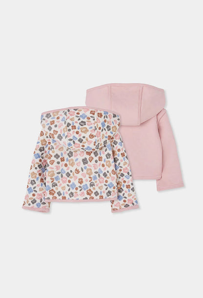 Giacca in Maglia Reversibile Neonato Rosa con Stampa Floreale e Cappuccio