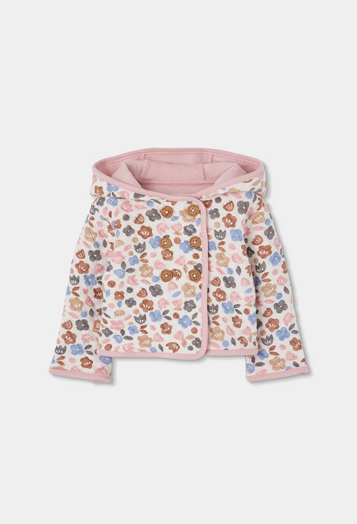 Giacca in Maglia Reversibile Neonato Rosa con Stampa Floreale e Cappuccio