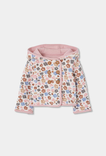 Giacca in Maglia Reversibile Neonato Rosa con Stampa Floreale e Cappuccio