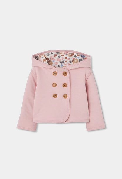 Giacca in Maglia Reversibile Neonato Rosa con Stampa Floreale e Cappuccio