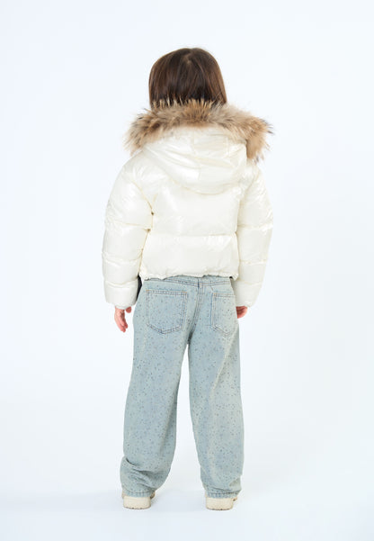 Pantalone jeans bambina gamba larga brillantini di Tobetoo, con vestibilità comoda e stile trendy