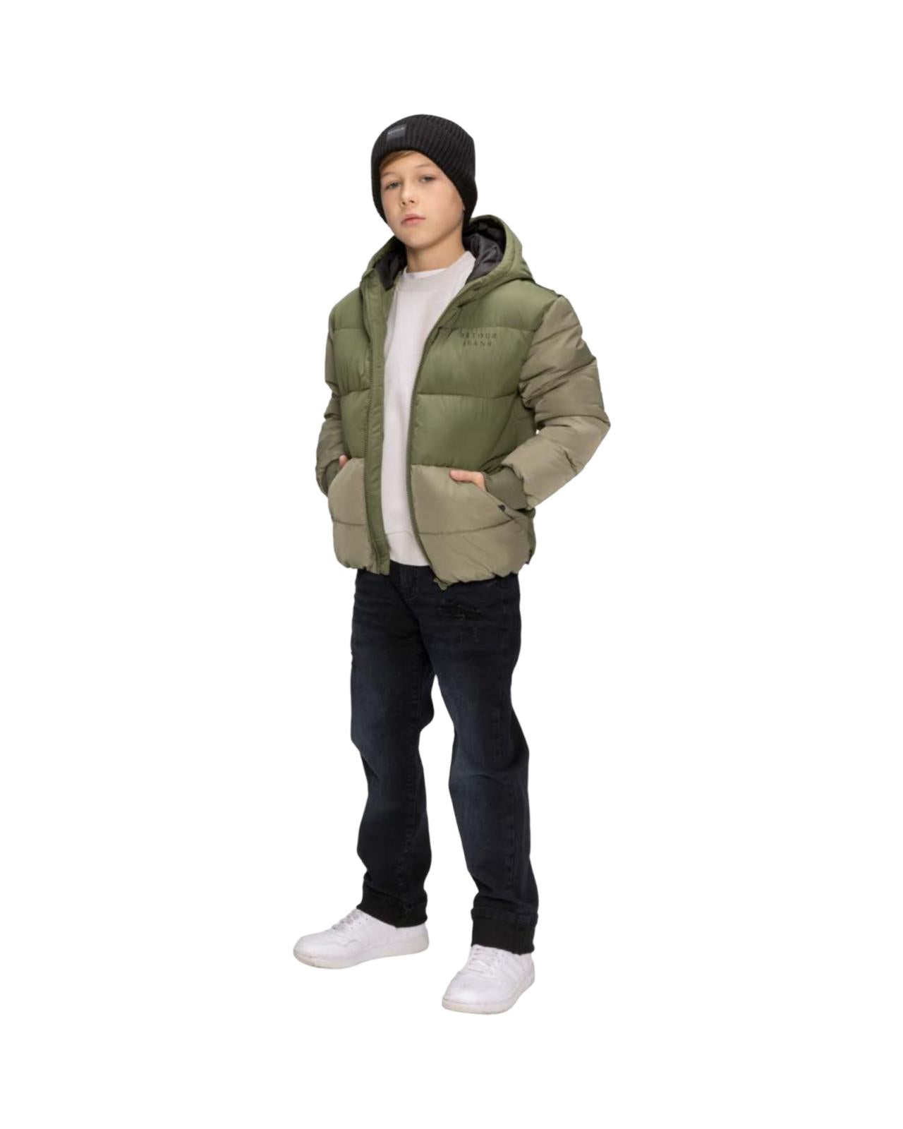 Giubbotto invernale ragazzo verde di Retour con cappuccio e tasche laterali