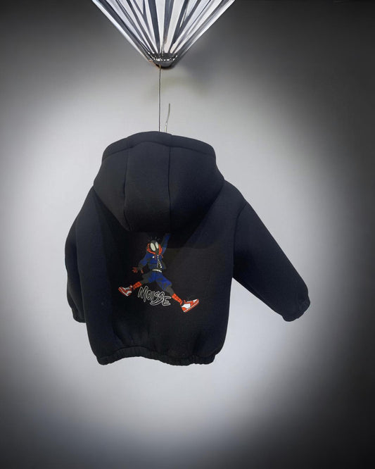 Giubbotto neoprene bambini nero con cappuccio e stampa colorata sul retro