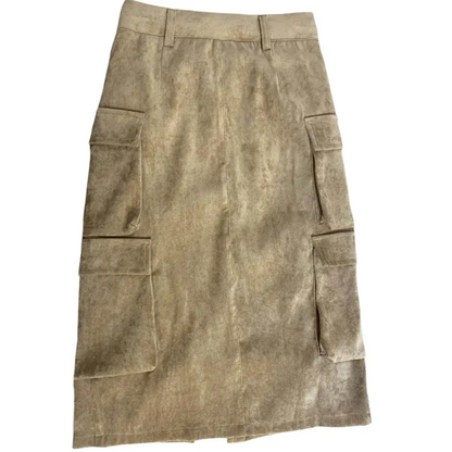 Gonna beige Y-Clù in tessuto scamosciato con tasche laterali grandi e cintura a passanti