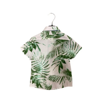 Camicia Y Clu bambino retro su gruccia con stampa foglie verdi su fondo bianco a maniche corte camicia bambino fantasia foglie