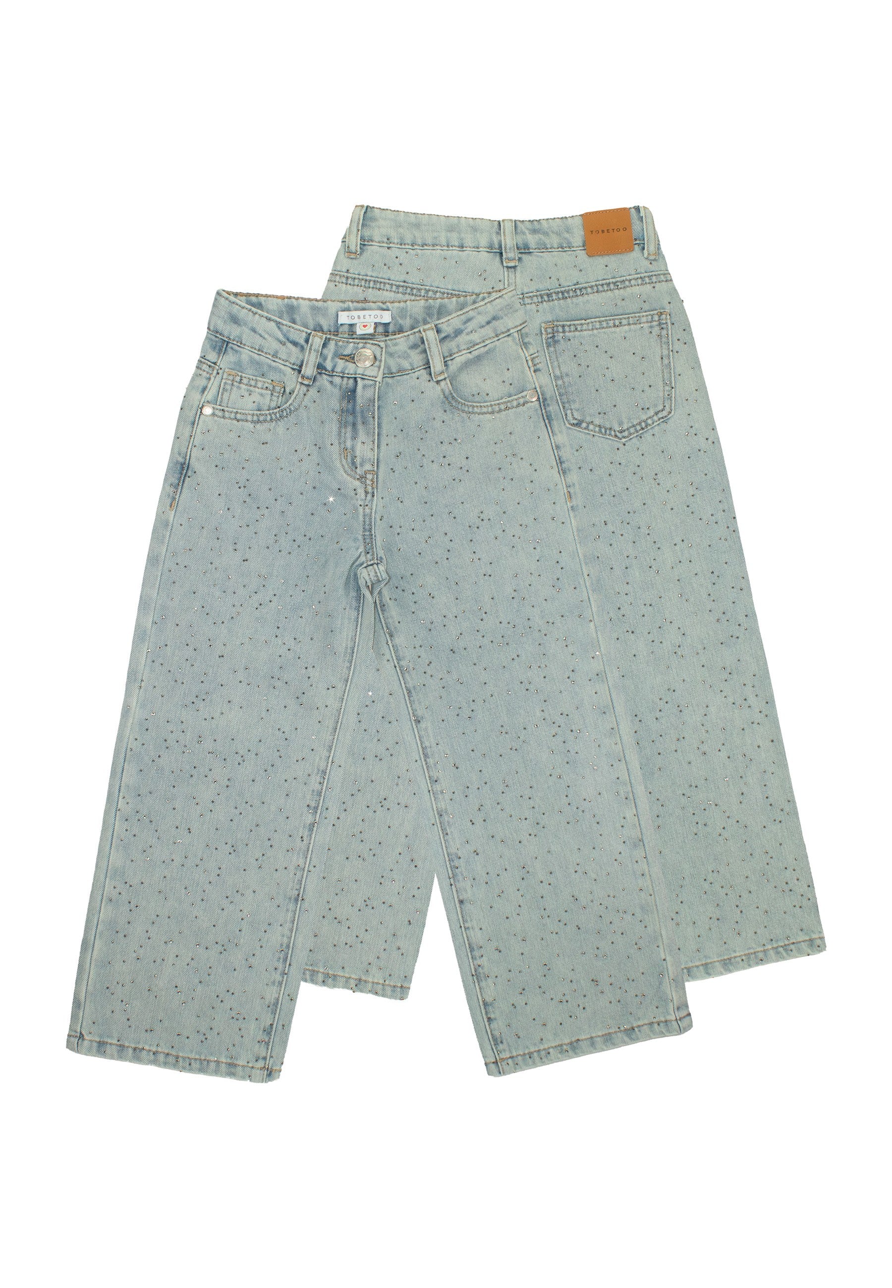 Jeans bambina gamba larga brillantini in denim chiaro, perfetti per outfit casual e alla moda
