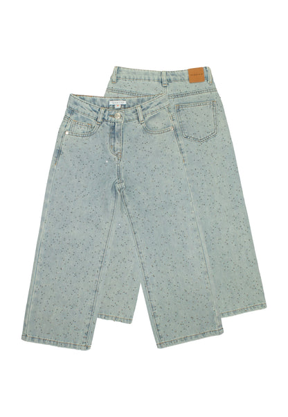Jeans bambina gamba larga brillantini in denim chiaro, perfetti per outfit casual e alla moda