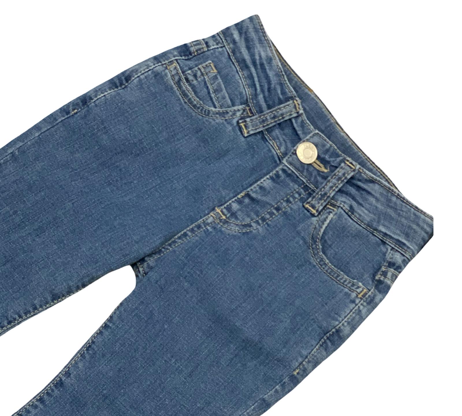Jeans bambina zampa vita alta in denim blu con tasche frontali e bottone