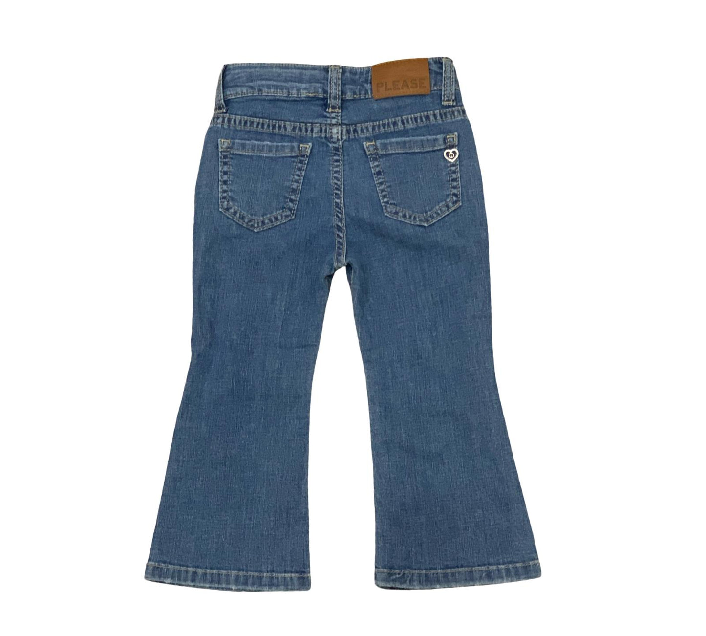 Jeans bambina zampa vita alta di Please, in denim blu con tasche posteriori per un look casual e trendy