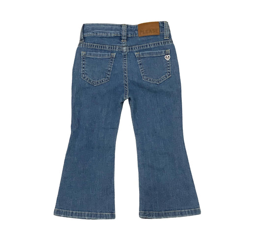 Jeans bambina zampa vita alta di Please, in denim blu con tasche posteriori per un look casual e trendy