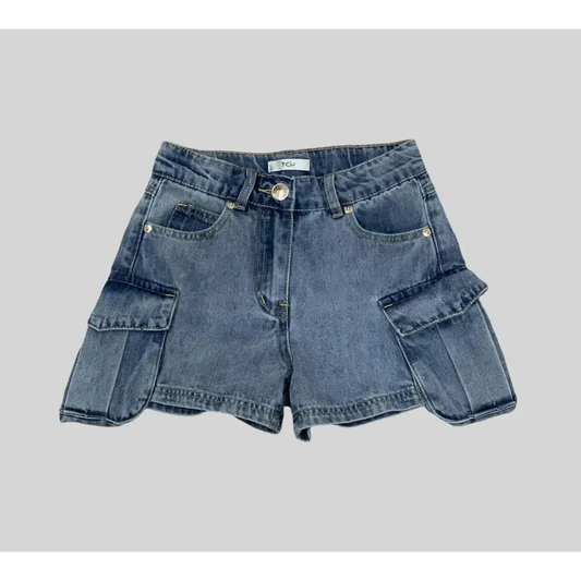 JEANS CORTI MODELLO CARGO BAMBINA Y-Clù shorts denim con tasche laterali funzionali