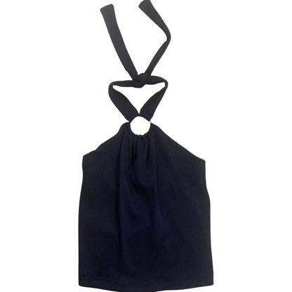 Top crop nero per bambina e ragazza. Top halter nero con anello frontale e laccetti al collo, Paris Hilton