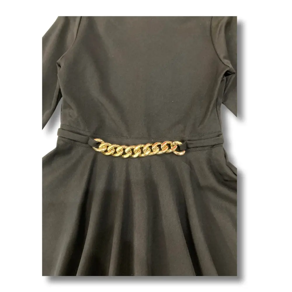 Y Clu abito nero bambina elegante con maniche lunghe gonna a ruota e cintura catena oro