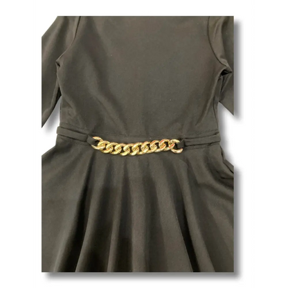 Y Clu abito nero bambina elegante con maniche lunghe gonna a ruota e cintura catena oro