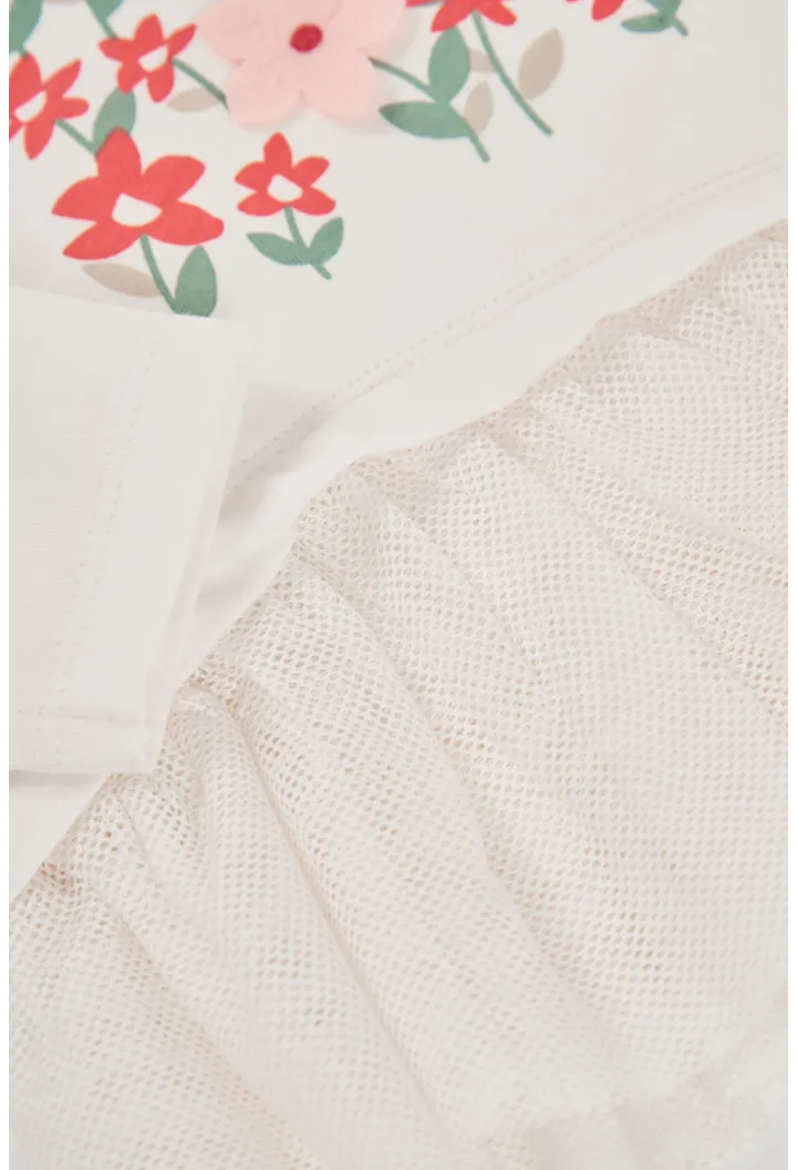 Maglietta in maglia bambina bianca con stampa fiori in tulle