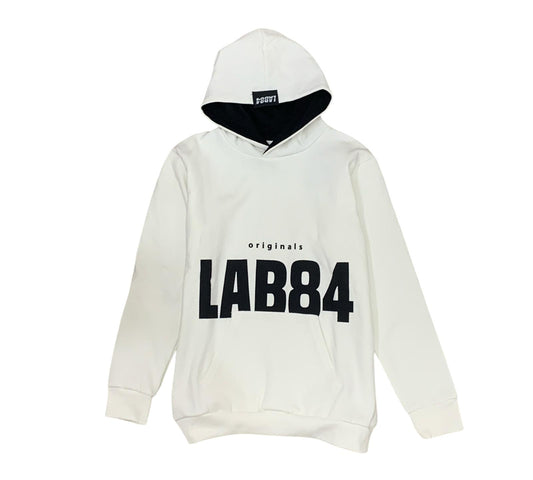 Felpa Bianca con cappuccio e tasca frontale per i ragazzi - Lab84, design moderno con logo in evidenza