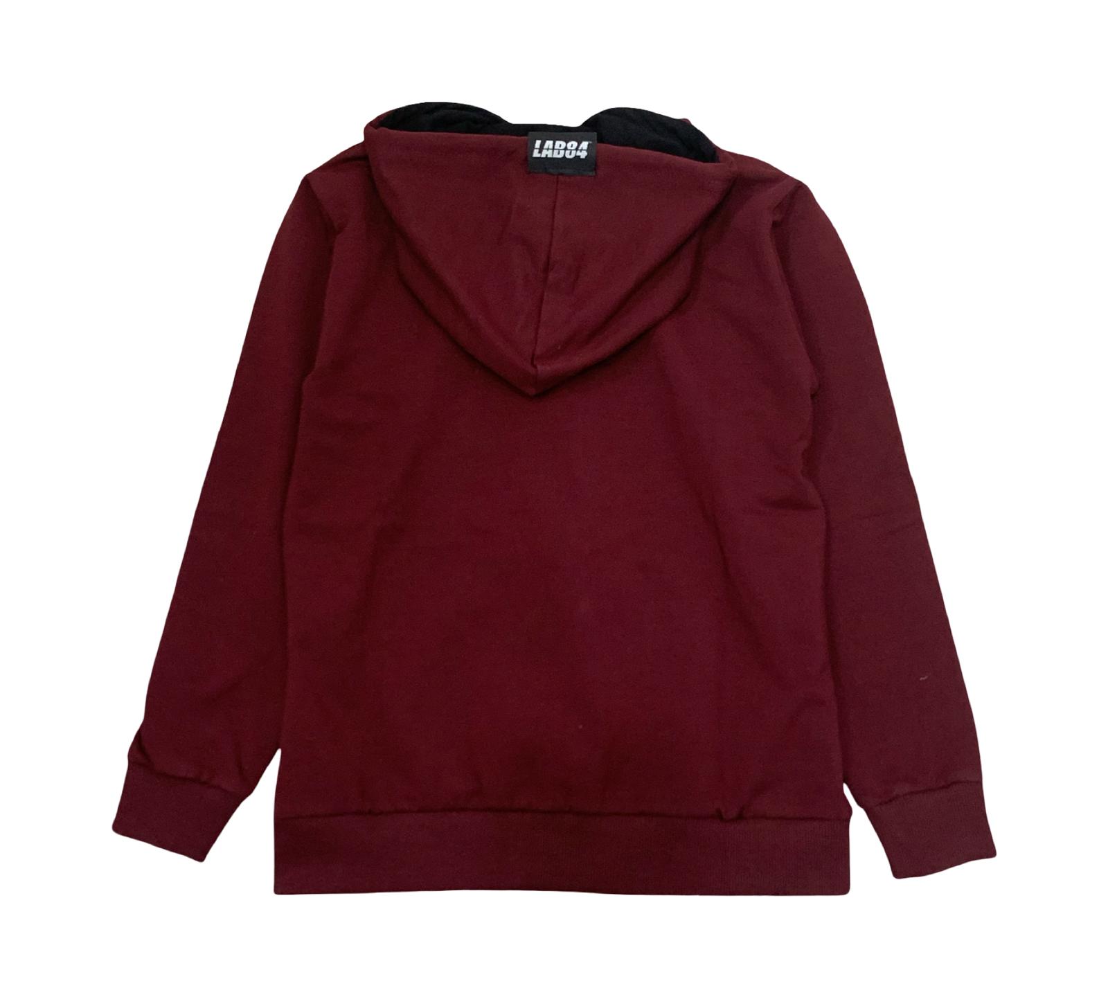Felpa ragazzo con zip Lab84 in rosso bordeaux, con cappuccio e maniche lunghe