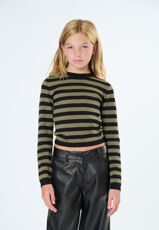 Maglione a righe verde militare ragazza di Tobetoo, maniche lunghe e design alla moda