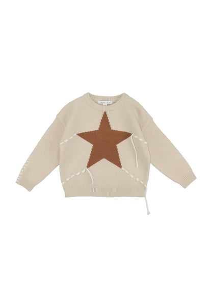 Maglia bambina beige stella con applicazione a forma di stella marrone e dettagli laterali bianchi