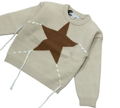 Maglione beige per bambina con stella marrone e dettagli bianchi, ideale per ogni occasione