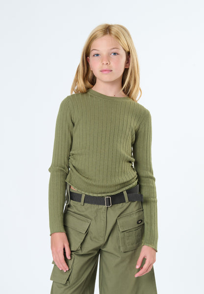 Maglia verde militare bambina di Tobetoo con maniche lunghe e design a coste