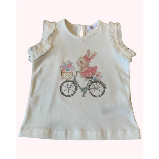 Maglietta bambina con coniglietto Y-Clù bianca con maniche arricciate e stampa coniglio in bicicletta
