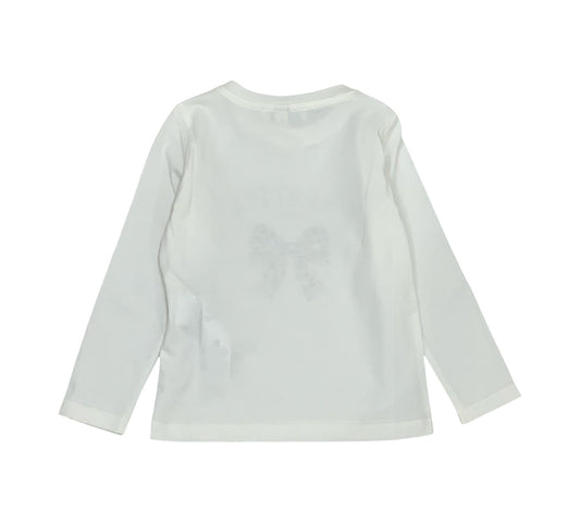 Maglietta bambina fiocco brillantini in bianco, con maniche lunghe e design elegante sul retro