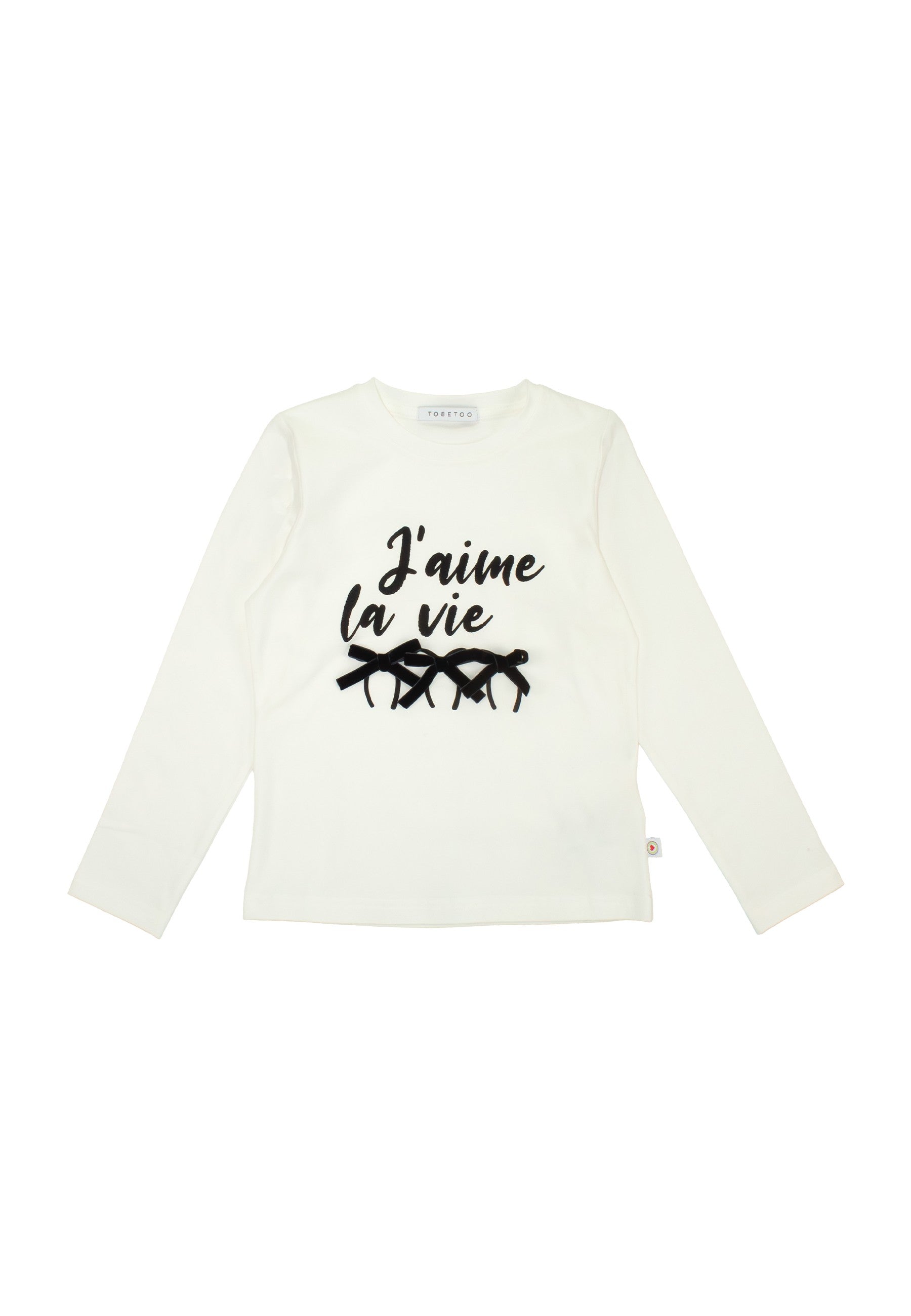 Maglietta bambina girocollo latte con stampa J'aime la vie e maniche lunghe