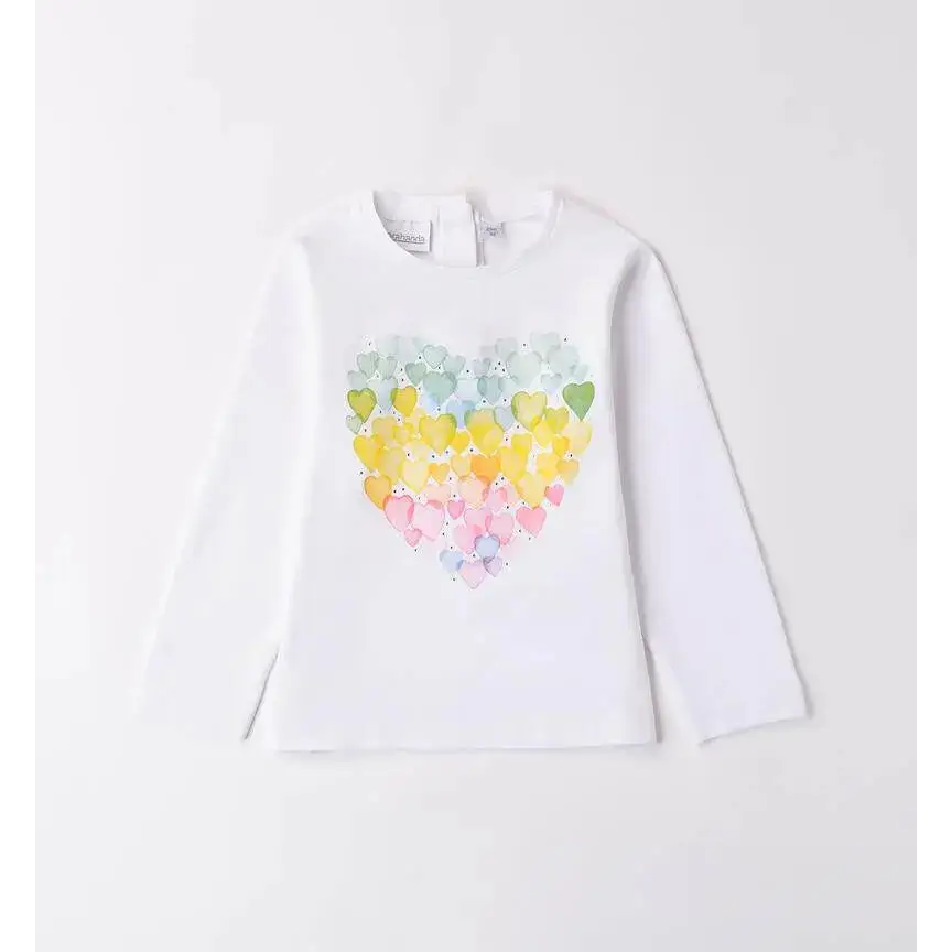 Maglietta bambina Sarabanda bianca a maniche lunghe con cuore colorato di cuori piccoli