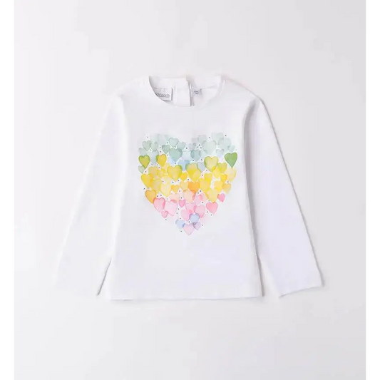 Maglietta bambina Sarabanda bianca a maniche lunghe con cuore colorato di cuori piccoli