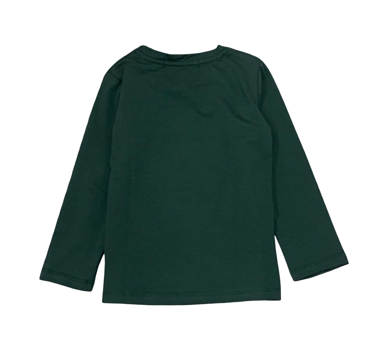 Maglietta bambino verde stampa divertente con maniche lunghe e design semplice sul retro