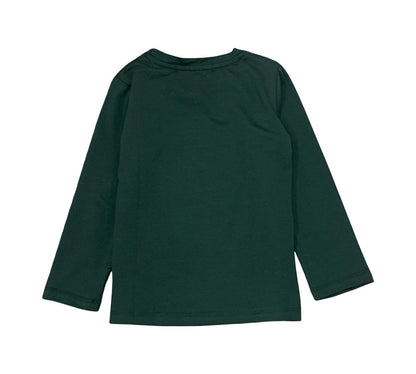 Maglietta bambino verde stampa divertente con maniche lunghe e design semplice sul retro
