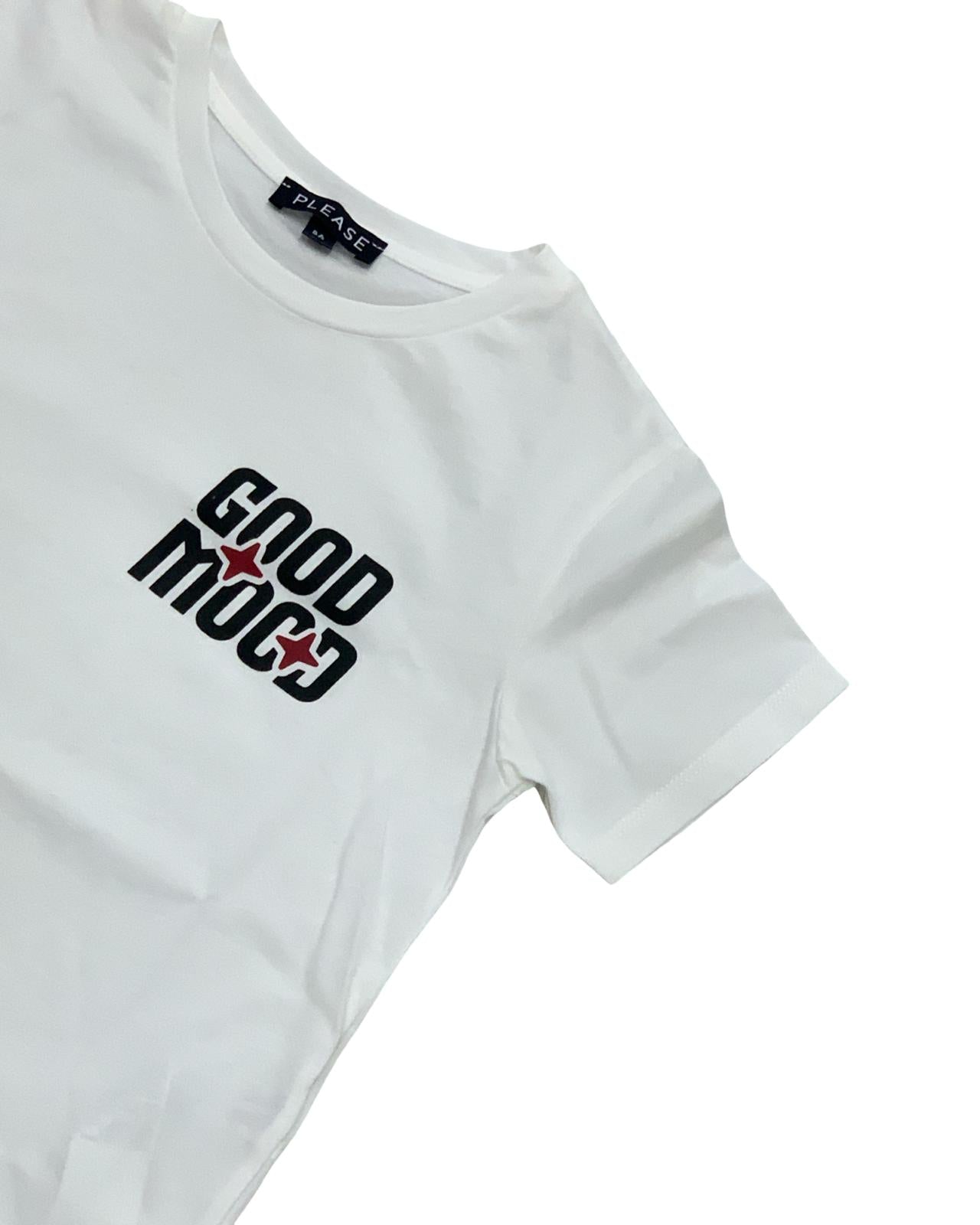 Maglietta bianca bambino Please con scritta Good Mood in colori vivaci